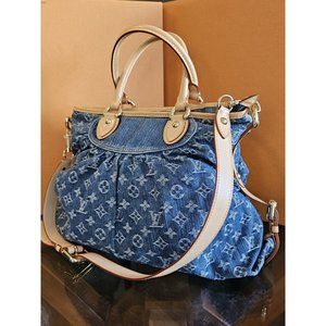 LOUIS VUITTON Auth Blue Denim Cabby GM Shoulder Tote Handbag +Dust Bag